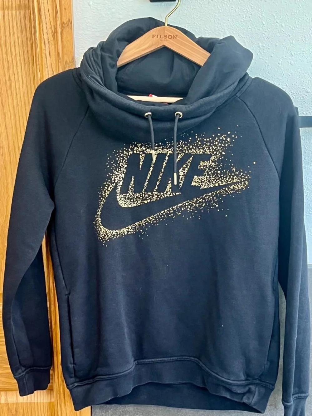 Nike Sportswear Rally Black and Gold Metallic Funnel Neck Hoodie Size Medium